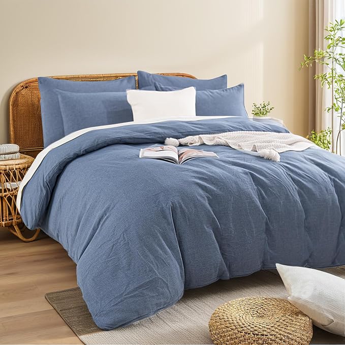 NEXHOME PRO Duvet Cover Full 100% Washed Cotton, Heathered Blue Breathable - Image 3