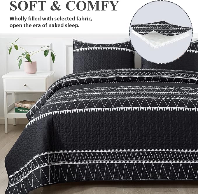 Andency Black Oversized Super King Quilt Set, 3 Pieces Boho Lightweight Soft - Image 3