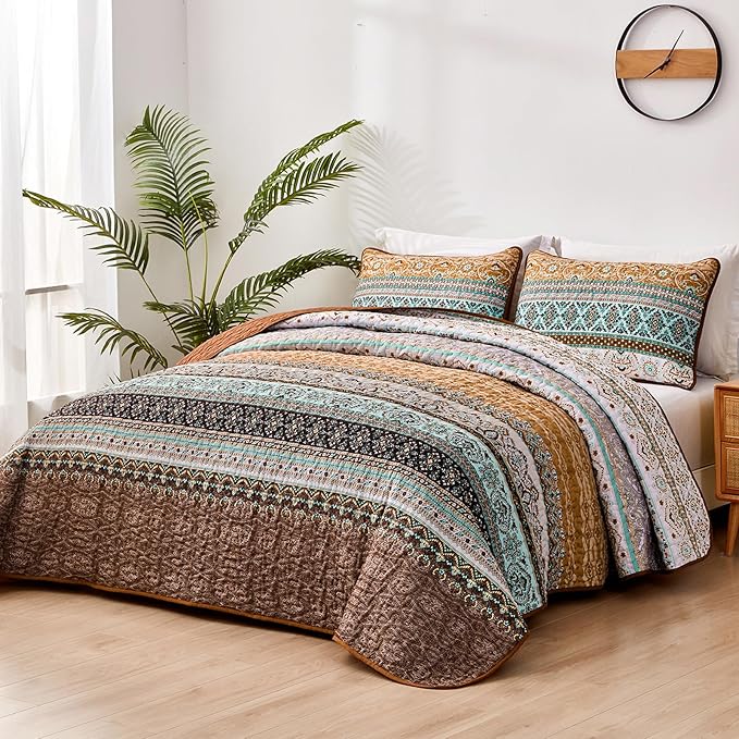 WONGS BEDDING Boho Fall Queen Quilt Set, Lightweight Microfiber Bed Decor - Image 2