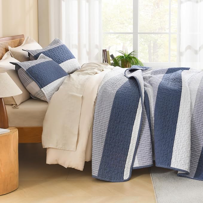 Litanika Twin Quilt Set Mineral Blue, 68x86 Stripe Bedspread Coverlet 2 Pieces - Image 2