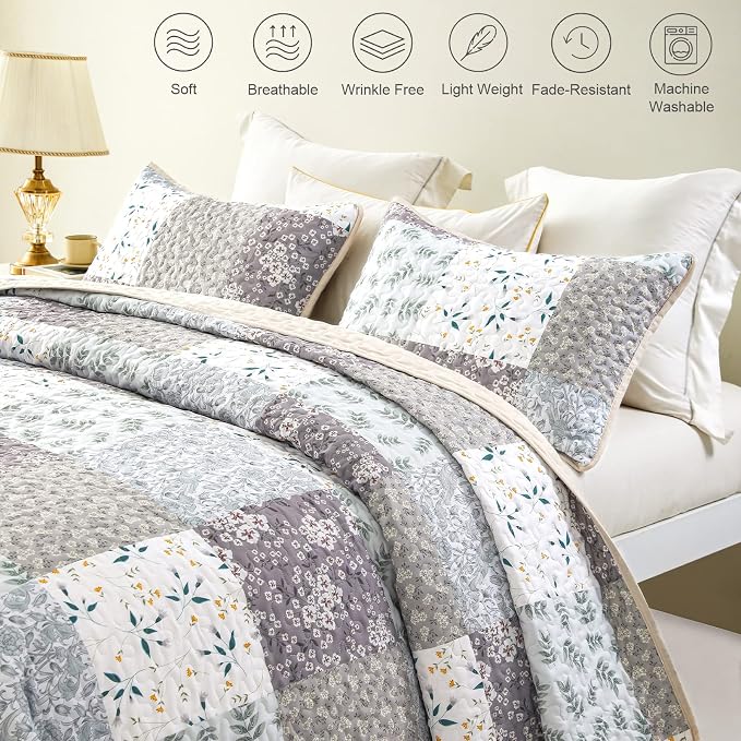 Whale Flotilla Patchwork Quilt King Size, Extra Soft Boho Floral Bedspreads - Image 4