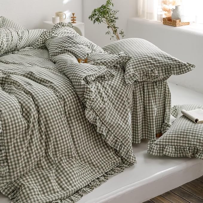 mixinni Green Gingham Ruffle Duvet Cover Queen Size 3 Pieces – 100% Washed - Image 9