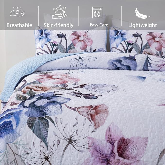 Floral Quilt Set Queen 3 Pieces Light Blue Floral Quilt Coverlet Set Soft - Image 4