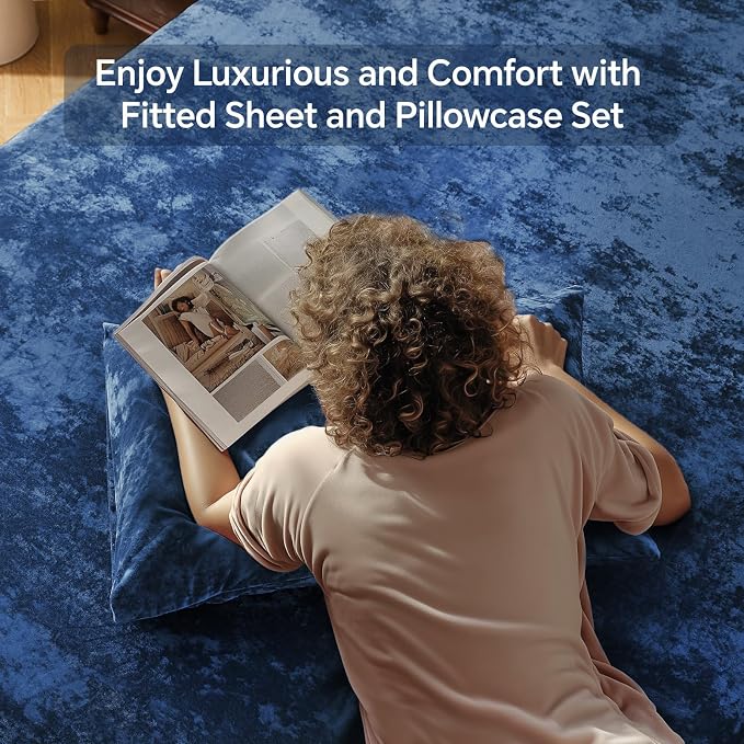 BEDELITE Velvet Fitted Sheet and Pillowcases Set, Luxury Soft Fuzzy Bottom Sheet - Image 2