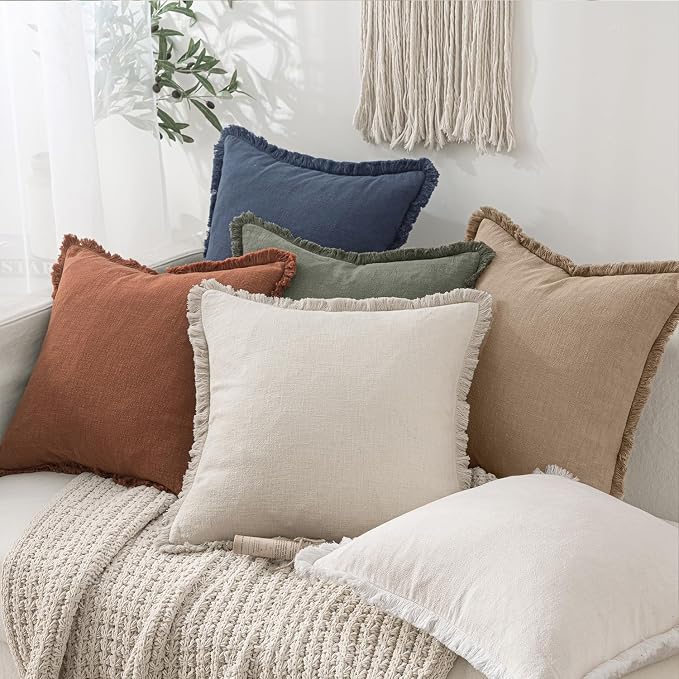 MIULEE Decorative Throw Pillow Covers Neutral Linen Fringe Throw Pillows Euro - Image 6