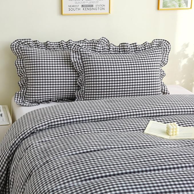 Silnuo Black/White Checkered Ruffle 3-Piece Duvet Cover Set Twin Size, Washed - Image 8