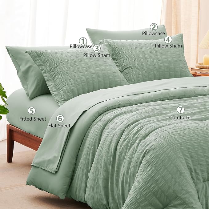 CozyLux Queen Comforter Set Sage Green Seersucker 7 Pieces Bed in a Bag Queen - Image 8