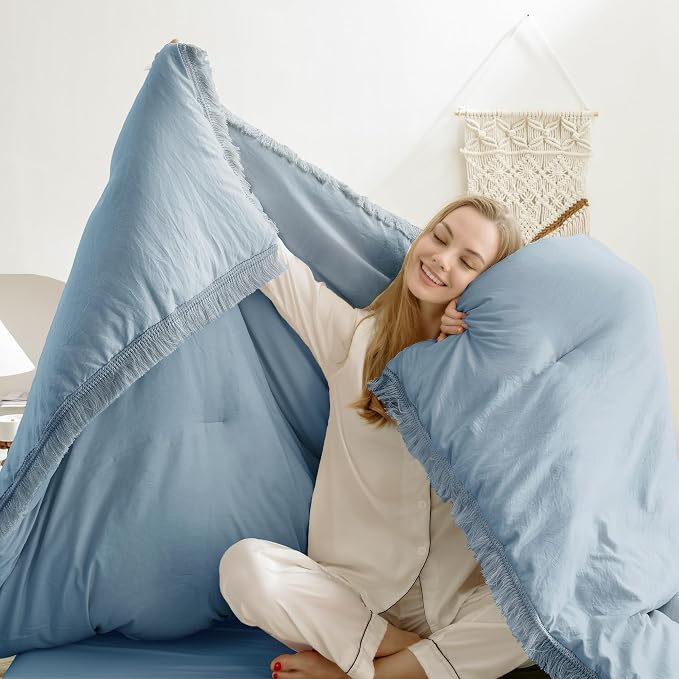 Andency Grayish Blue Comforter Set Queen Size, 3 Pieces Boho Tassel Lightweight - Image 3