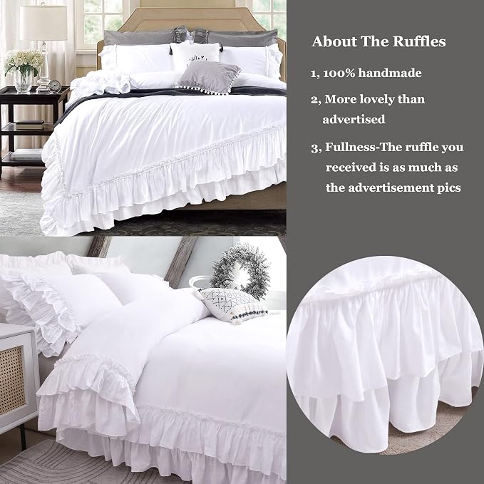 QSH Ruffle White Duvet Cover King Size-Washed Cotton Shabby Farmhouse Chic - Image 3