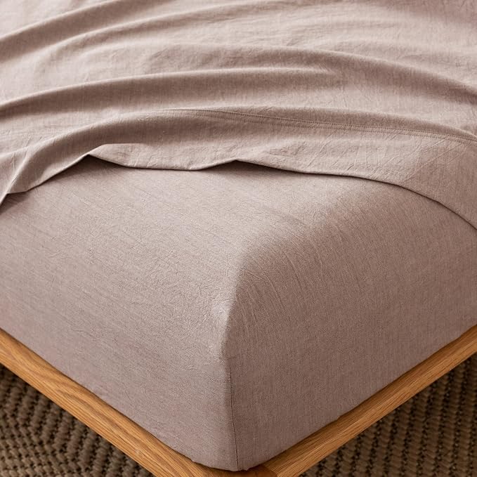 MooMee Fitted Bottom Sheet Only 100% Washed Cotton Linen Like Textured by MOOMEE