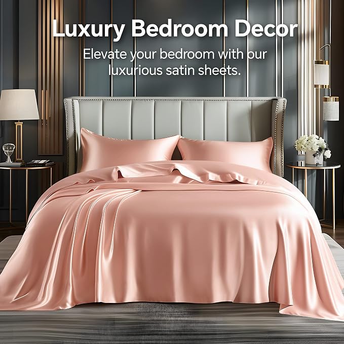 BEDELITE Satin Sheets Queen Size Bed Set, Luxury Soft Coral Pink Silky Sheets - Image 2
