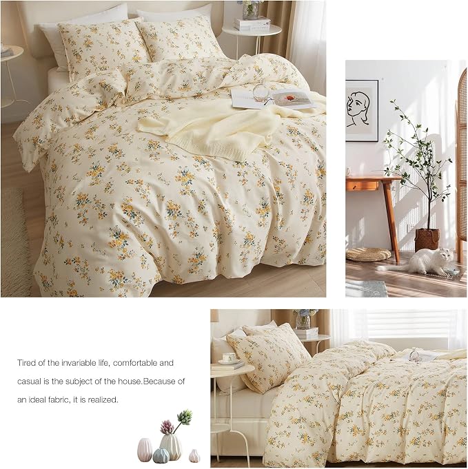 mixinni Aesthetic Floral Duvet Cover Set Twin Size, Farmhouse Boho Yellow - Image 7