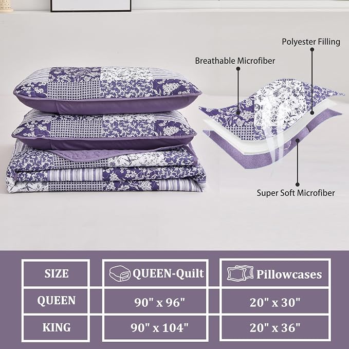 Mybedsoul Purple Quilt Set Queen Size, 3 Pieces Boho Floral Plaid Bedspread - Image 6