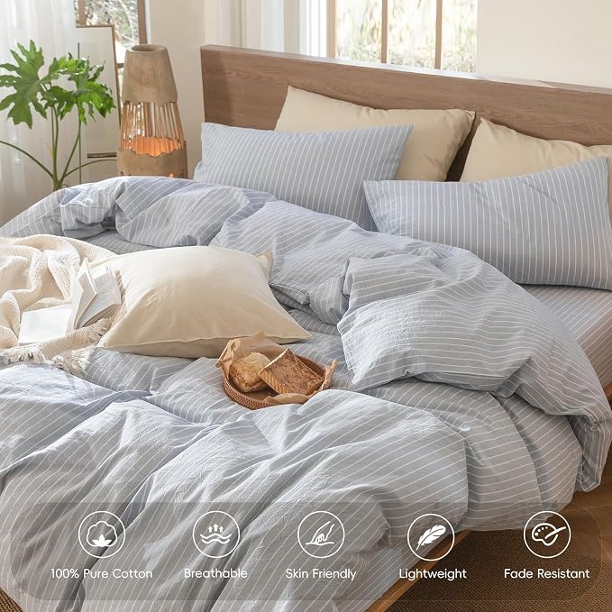 MooMee Striped Duvet Cover Set 100% Washed Cotton Linen Like Textured - Image 4