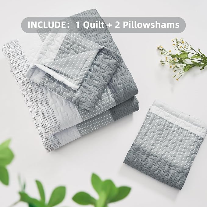 Andency Grey Striped Quilt Queen, 3 Pieces Patchwork Bedspread Coverlet Set - Image 7