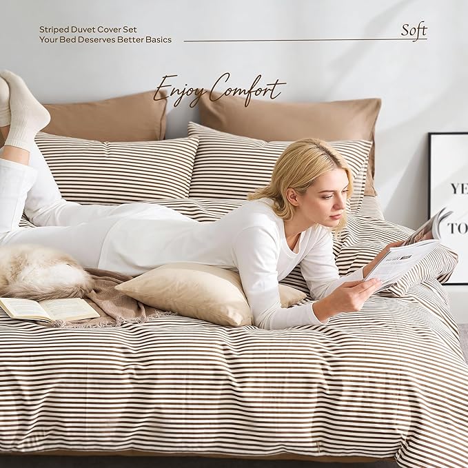 JELLYMONI 100% Natural Cotton 3pcs Striped Duvet Cover Sets, - Image 6