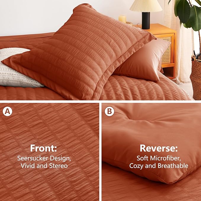 CozyLux King Size Comforter Set Burnt Orange Seersucker 7 Pieces Bed in a Bag - Image 4