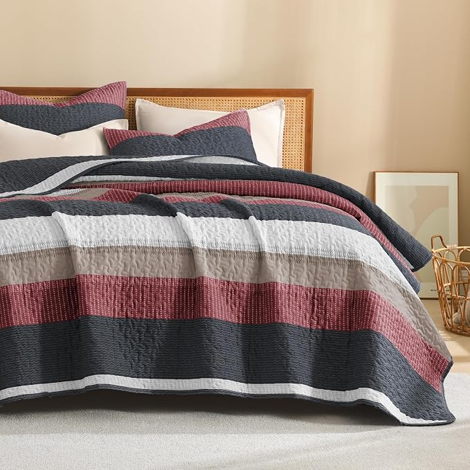 Litanika Quilt King Size Black and Red, Stripe Patchwork Summer Bedspread - Image 8