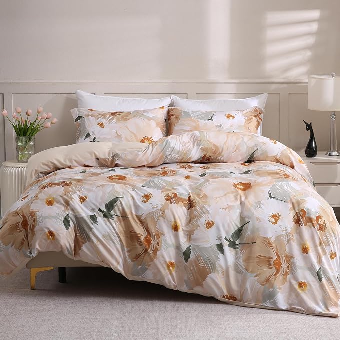 LONAVA Queen Flower 3 Pcs Duvet Cover Set, Breathable Soft Microfiber Biege - Image 8