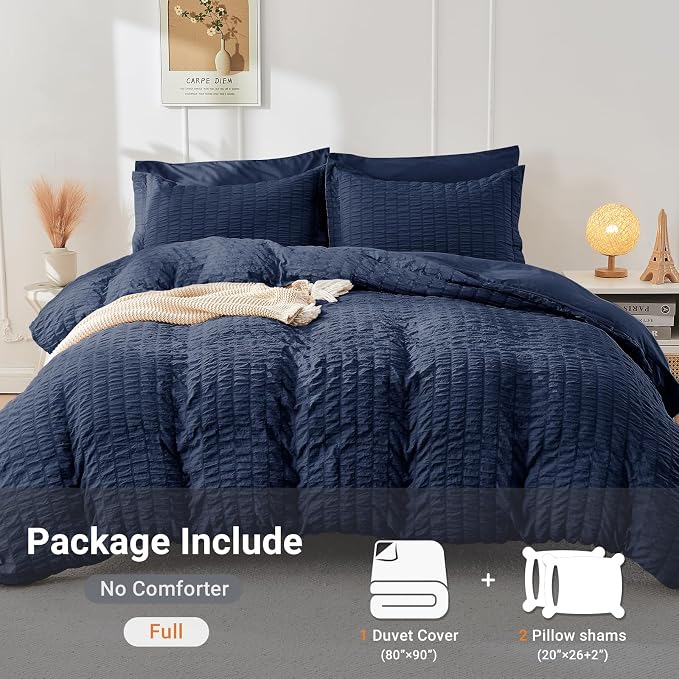 HYMOKEGE Navy Blue Duvet Cover Full Size, Ultra Soft 3-Piece Seersucker Duvet - Image 5