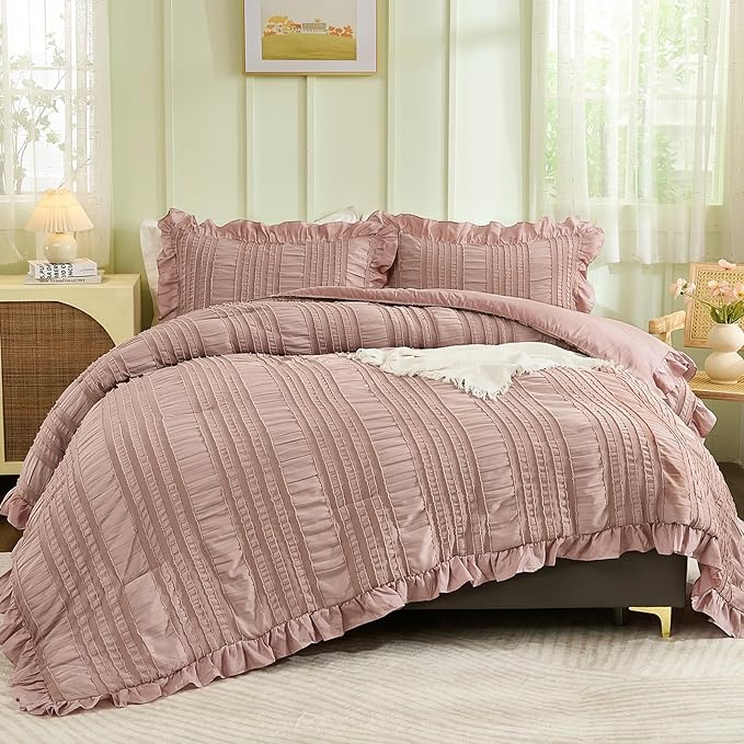 WONGS BEDDING Pink Comforter Set King, 3 Pieces Ruffle Farmhouse Shabby Chic by WONGSBEDDING