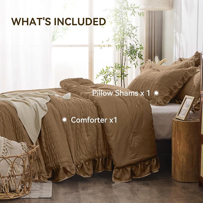 JOLLYVOGUE Twin Size Comforter Set, 2 Pieces Oak Brown Seersucker Lightweight - Image 5