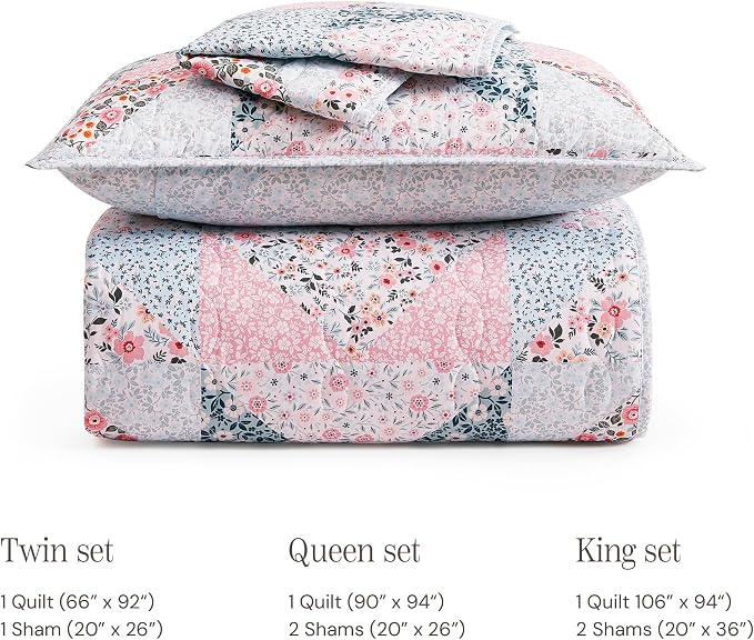 BLOOMHAVEN Quilt Set Twin Size, Patchwork Pink Floral Quilt Sets, Reversible - Image 8