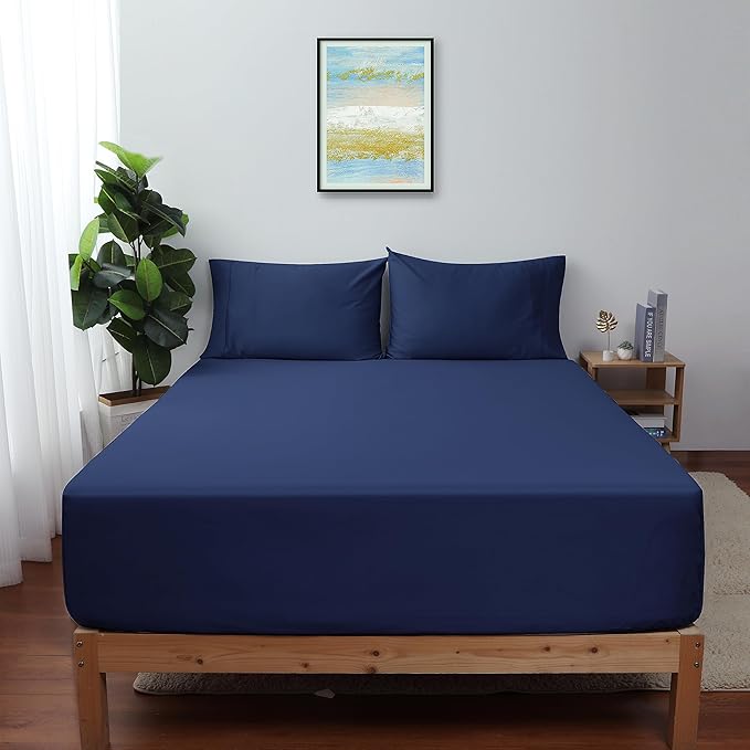 California King Size Fitted Sheet Only Navy Blue, 100% Egyptian Cotton 600 by ShunjieHome