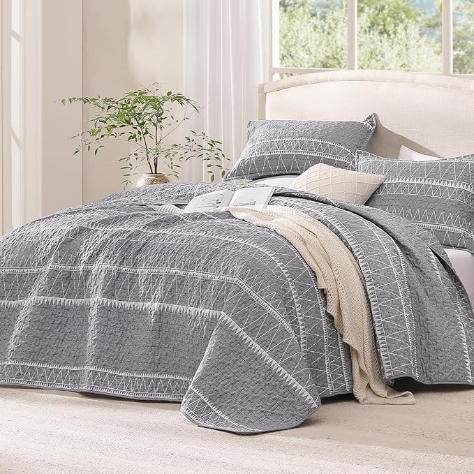 Andency California King Quilt Set Grey, 3 Pieces Boho Lightweight Soft Striped - Image 2