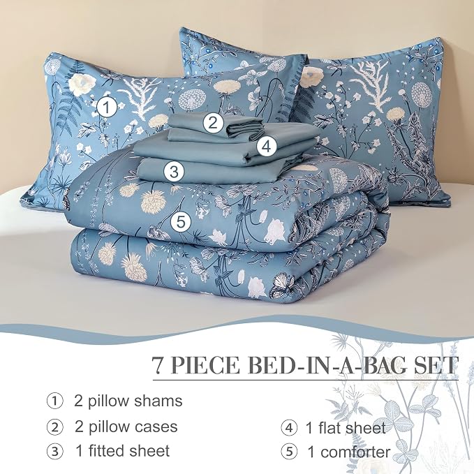 Yiran Blue Comforter Set Queen Size, 7 Piece Floral Comforter Bedding Set - Image 8