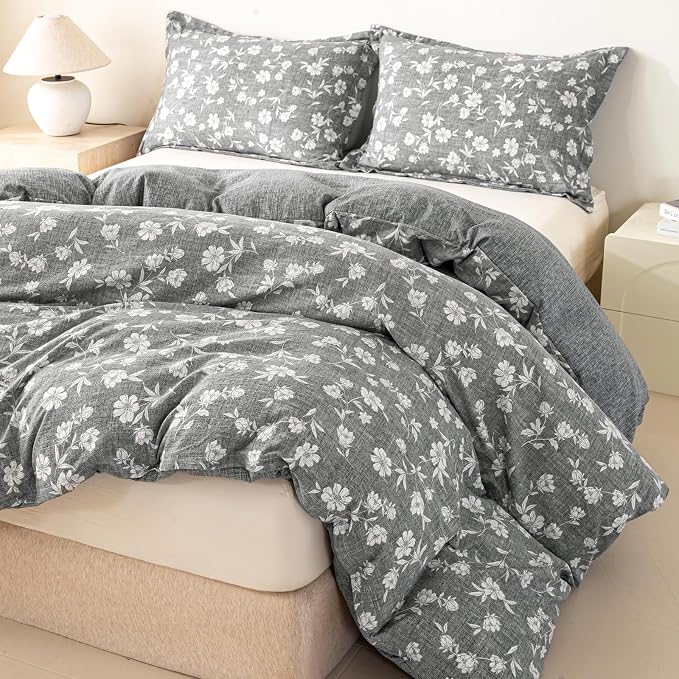 OAITE Grey Flower King Size Duvet Cover-3 Pieces Prewashed Cotton-Like - Image 5