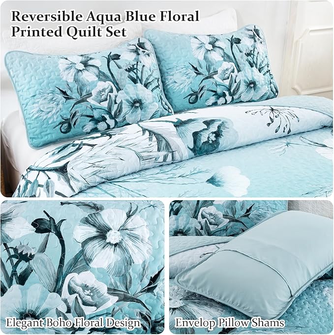Blue Floral Quilt Set King Size 3 Pieces Boho Flower Quilt Coverlet Set Soft - Image 6