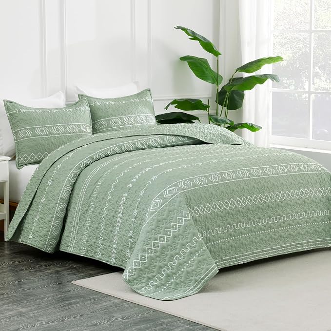 Andency Sage Green Twin Quilt Set, 2 Pieces Boho Lightweight Soft Striped - Image 2