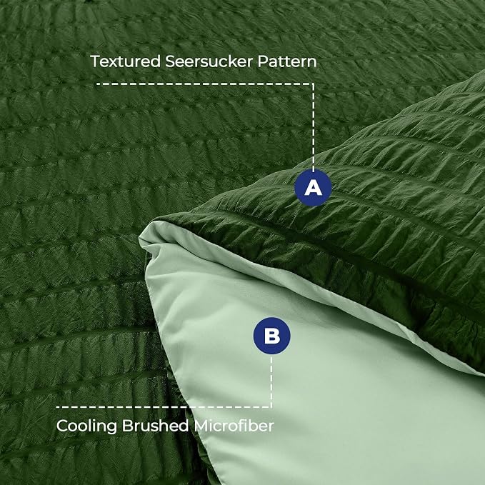 HYMOKEGE Dark Green/Sage Green King Size Comforter Set Seersucker 7 Pieces - Image 4
