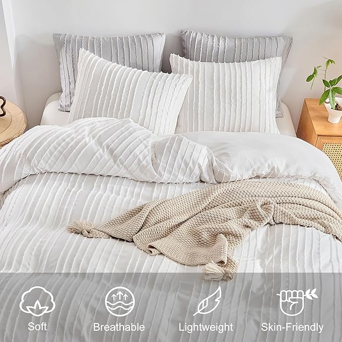 WARMDERN White Boho Duvet Cover Set King Size, Striped Textured Duvet Cover - Image 3