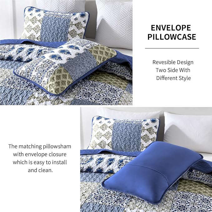 Mybedsoul Blue Quilt Set King Size 3 Pieces Boho Plaid Aqua Blue Floral - Image 4