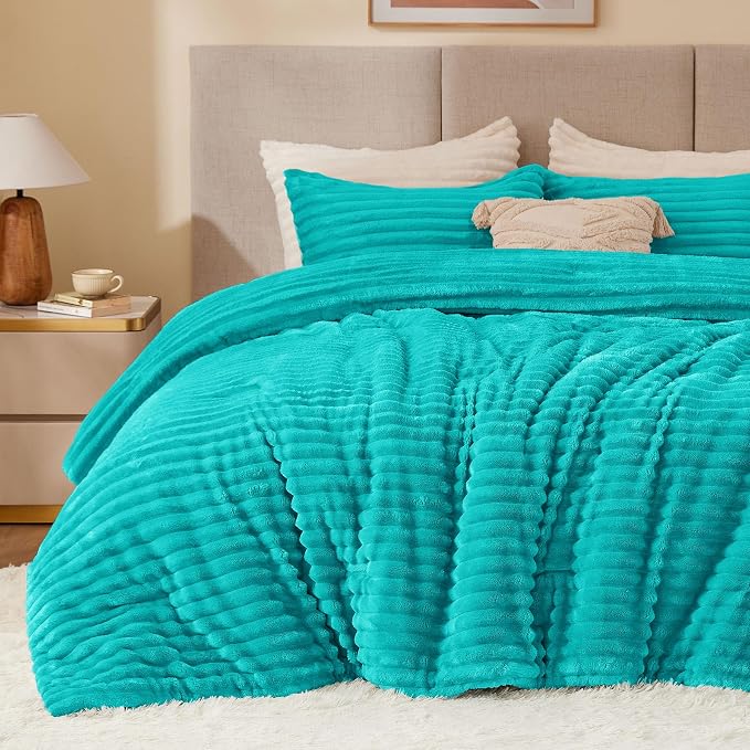 BEDELITE Fleece Queen Comforter Set -Super Soft & Warm Fluffy Teal Bedding by BEDELITE