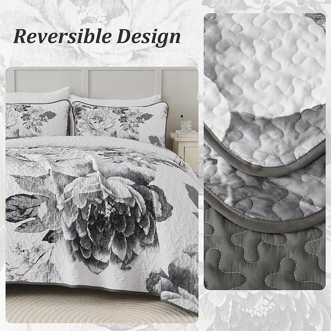 WONGS BEDDING Grey Boho Floral Quilt Set King, 3 Pieces Elegant Gray Flower - Image 4