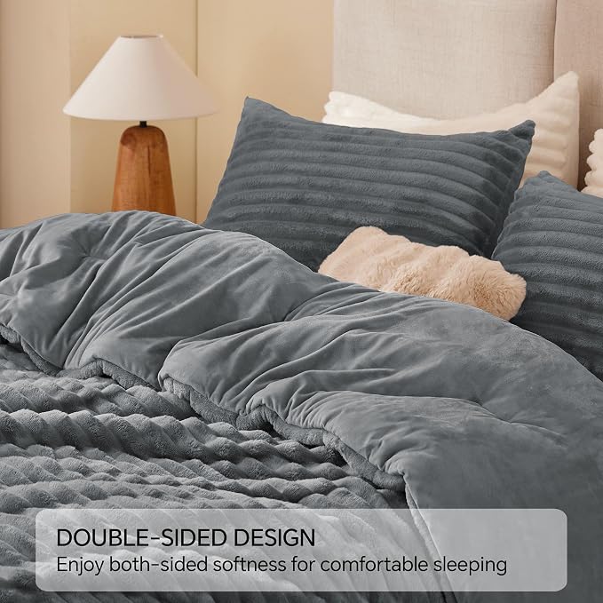 BEDELITE Fleece King Comforter Set -Super Soft & Warm Fluffy Grey Bedding - Image 5