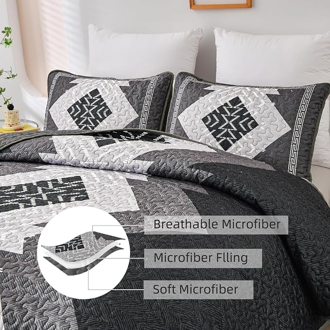 Dintszyayue Boho Quilt Set King Size 3 Pieces Black Grey Aztec Texture - Image 6