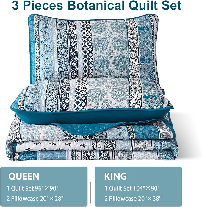 WONGS BEDDING Boho Quilt Set King Size, Teal Blue Bohemian 3 Pieces Quilt Sets - Image 7