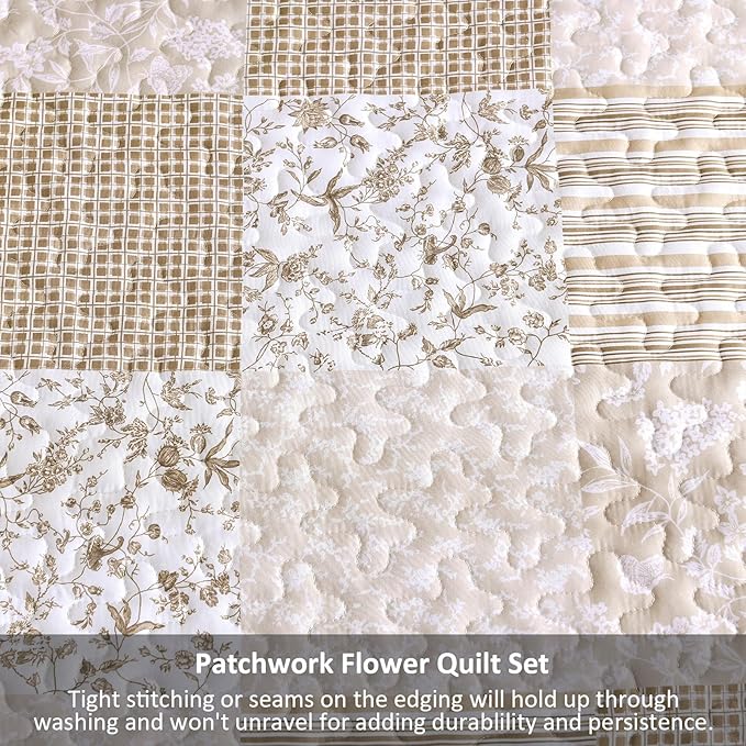 Mybedsoul Beige Boho Quilt Set Queen Size, 3 Pieces Plaid Floral Bedspread Set - Image 6