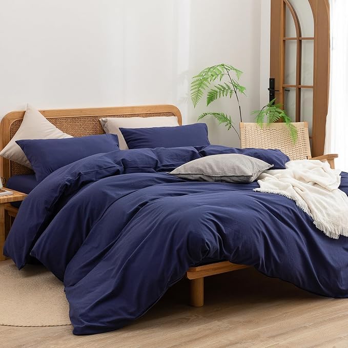 BESTOUCH Duvet Cover Set 100% Washed Cotton Linen Feel Super Soft Comfortable - Image 4