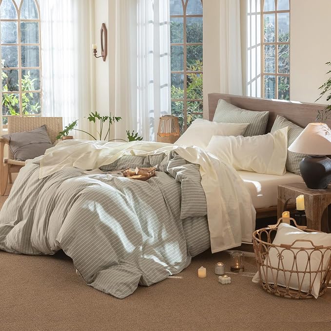MooMee Fitted Bottom Sheet Only 100% Washed Cotton Linen Like Textured - Image 7