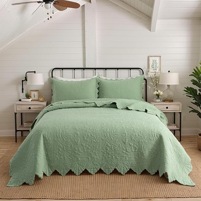 Brandream Premium Sage Green Cotton Quilt Set Queen Size Floral Vine Stitching - Image 2