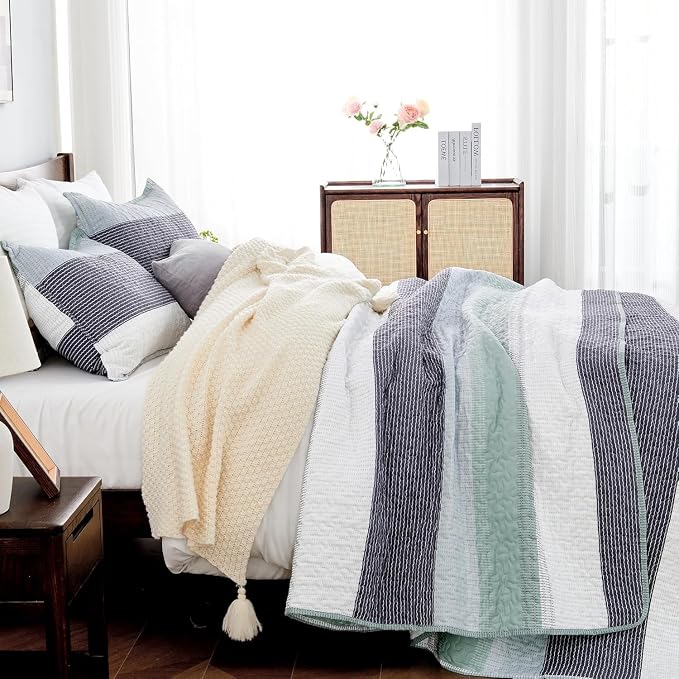 Andency Oversized Queen Quilt Bedding Set, 98x98Inch Sage Green Stripe - Image 2