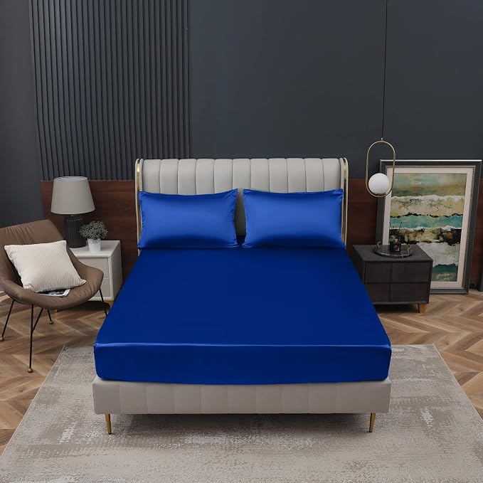 Homiest Royal Blue Satin Fitted Sheet Queen Size, Deep Pocket, Luxury & Ultra - Image 2