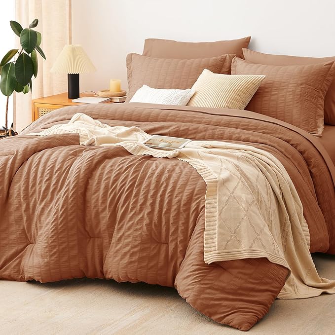 CozyLux King Size Comforter Set Pumpkin Seersucker 7 Pieces Bed in a Bag King by CozyLux