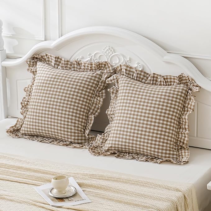 Taupe/White Plaid Euro Pillow Shams Ruffle Pillowcases Set of 2, Shabby - Image 2
