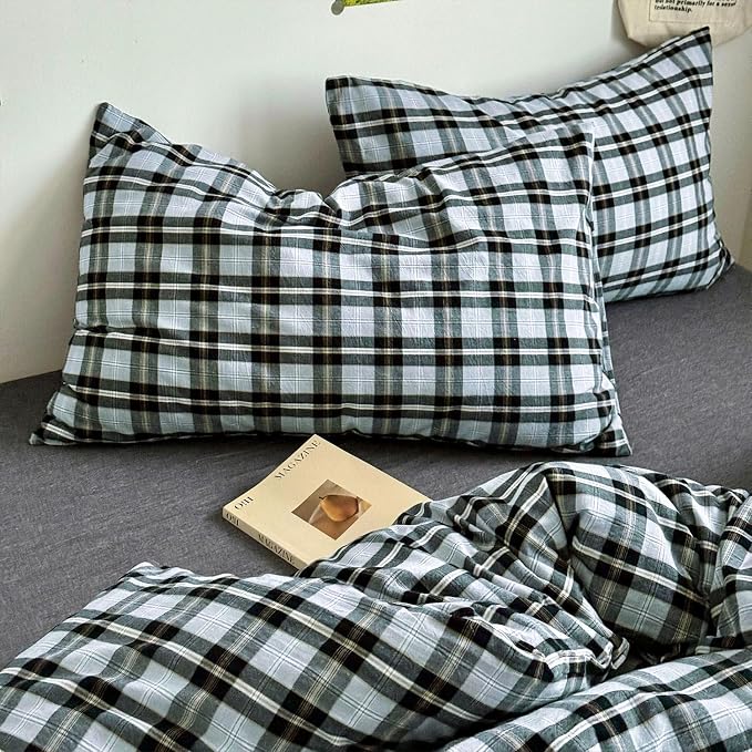 mixinni Vintage Grey & Pale Blue Buffalo Plaid Duvet Cover Set King Size - Image 5
